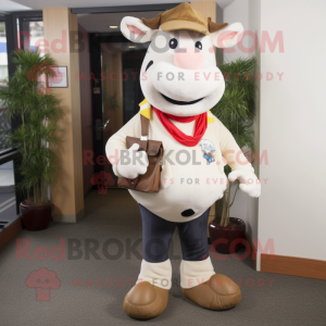 Cream Hereford Cow mascot costume character dressed with a Jeans and Shoe laces