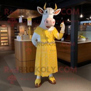 Lemon Yellow Hereford Cow mascot costume character dressed with a Cocktail Dress and Coin purses