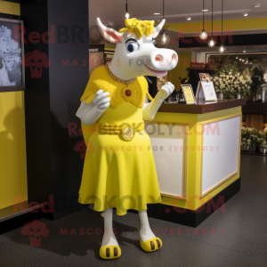 Lemon Yellow Hereford Cow mascot costume character dressed with a Cocktail Dress and Coin purses