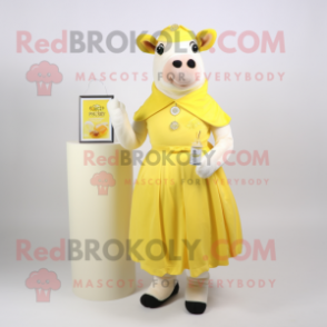 Lemon Yellow Hereford Cow mascot costume character dressed with a Cocktail Dress and Coin purses