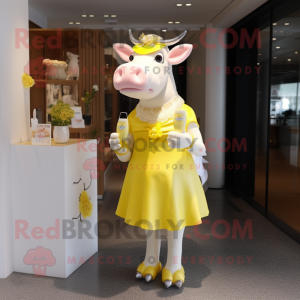 Lemon Yellow Hereford Cow mascot costume character dressed with a Cocktail Dress and Coin purses