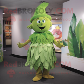 Olive Beanstalk mascot costume character dressed with a Pleated Skirt and Hat pins