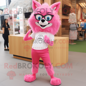 Pink Wolf mascot costume character dressed with a Leggings and Eyeglasses