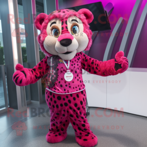 Magenta Cheetah mascot costume character dressed with a Dress and Bracelets