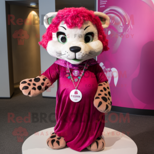 Magenta Cheetah mascot costume character dressed with a Dress and Bracelets
