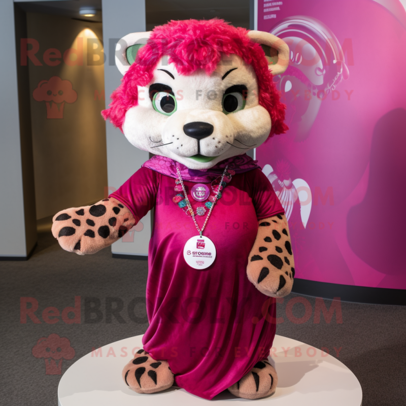 Magenta Cheetah mascot costume character dressed with a Dress and Bracelets