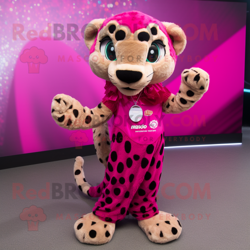 Magenta Cheetah mascot costume character dressed with a Dress and Bracelets Magenta Cheetah mascot costume character dressed with a Dress and Bracelets