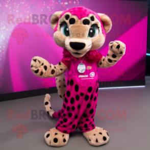 Magenta Cheetah mascot costume character dressed with a Dress and Bracelets