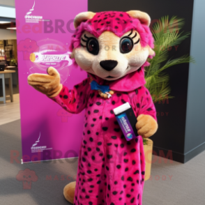 Magenta Cheetah mascot costume character dressed with a Dress and Bracelets