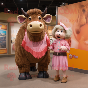 Peach Buffalo mascot costume character dressed with a Mom Jeans and Shawls