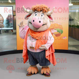 Peach Buffalo mascot costume character dressed with a Mom Jeans and Shawls
