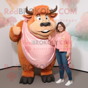 Peach Buffalo mascot costume character dressed with a Mom Jeans and Shawls