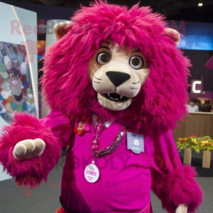 Magenta Tamer Lion mascot costume character dressed with a Blouse and Necklaces