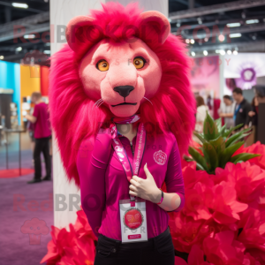 Magenta Tamer Lion mascot costume character dressed with a Blouse and Necklaces