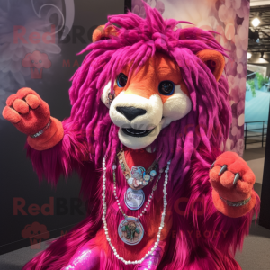 Magenta Tamer Lion mascot costume character dressed with a Blouse and Necklaces