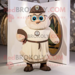 Beige Celtic Shield mascot costume character dressed with a Dungarees and Eyeglasses