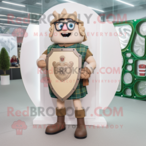 Beige Celtic Shield mascot costume character dressed with a Dungarees and Eyeglasses