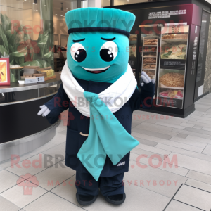 Teal Sushi mascot costume character dressed with a Suit and Scarf clips