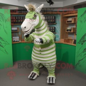 Green Quagga mascot costume character dressed with a Blouse and Belts
