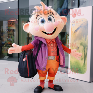Peach Vampire mascot costume character dressed with a Cardigan and Messenger bags