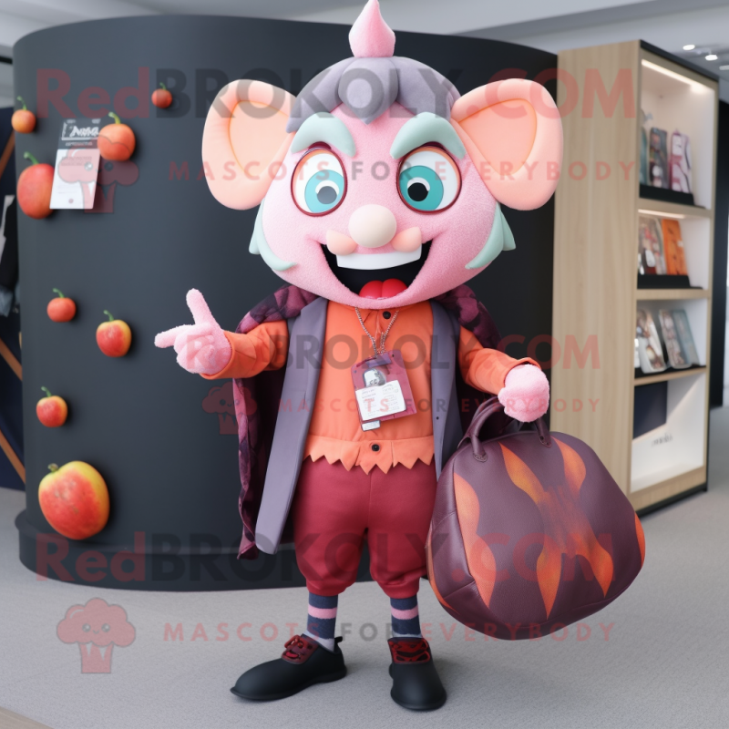 Peach Vampire mascot costume character dressed with a Cardigan and Messenger bags