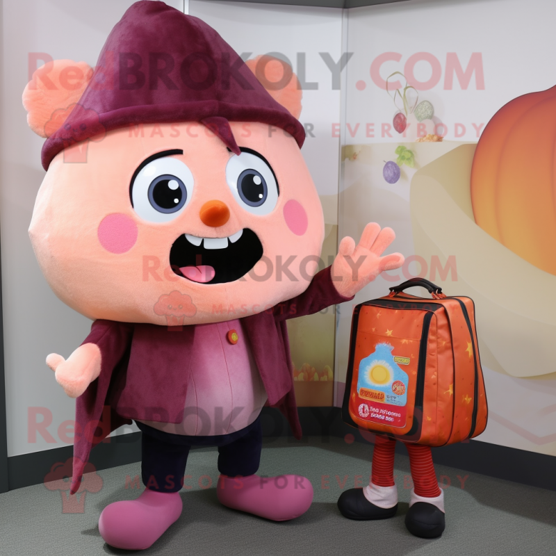 Peach Vampire mascot costume character dressed with a Cardigan and Messenger bags