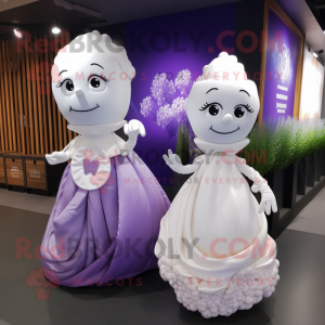 Lavender Ice mascot costume character dressed with a Wedding Dress and Clutch bags