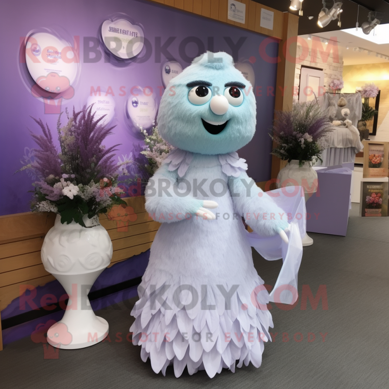 Lavender Ice mascot costume character dressed with a Wedding Dress and Clutch bags