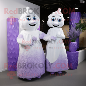 Lavender Ice mascot costume character dressed with a Wedding Dress and Clutch bags