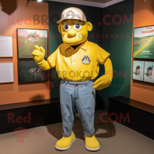 Yellow Jambalaya mascot costume character dressed with a Oxford Shirt and Caps