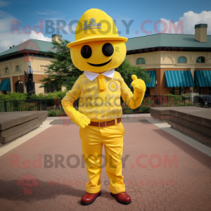 Yellow Jambalaya mascot costume character dressed with a Oxford Shirt and Caps