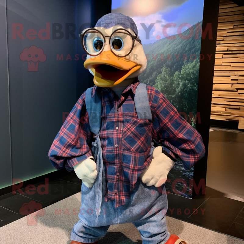Blue Muscovy Duck mascot costume character dressed with a Flannel Shirt and Pocket squares Blue Muscovy Duck mascot costume character dressed with a Flannel Shirt and Pocket squares