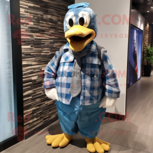 Blue Muscovy Duck mascot costume character dressed with a Flannel Shirt and Pocket squares