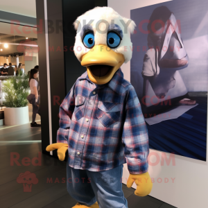 Blue Muscovy Duck mascot costume character dressed with a Flannel Shirt and Pocket squares