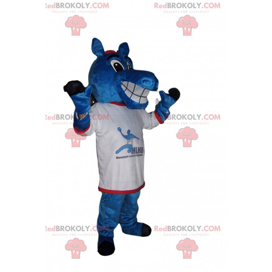 Vrolijke mascotte blauw paard met een supportertrui -