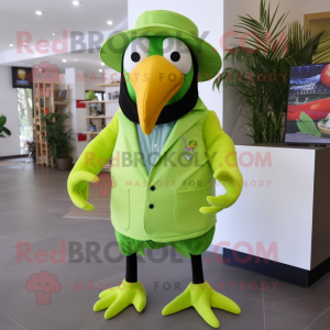 Lime Green Toucan mascot costume character dressed with a Vest and Caps