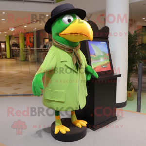 Lime Green Toucan mascot costume character dressed with a Vest and Caps