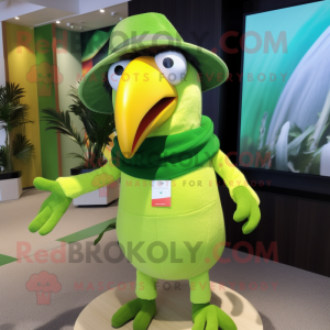 Lime Green Toucan mascot costume character dressed with a Vest and Caps