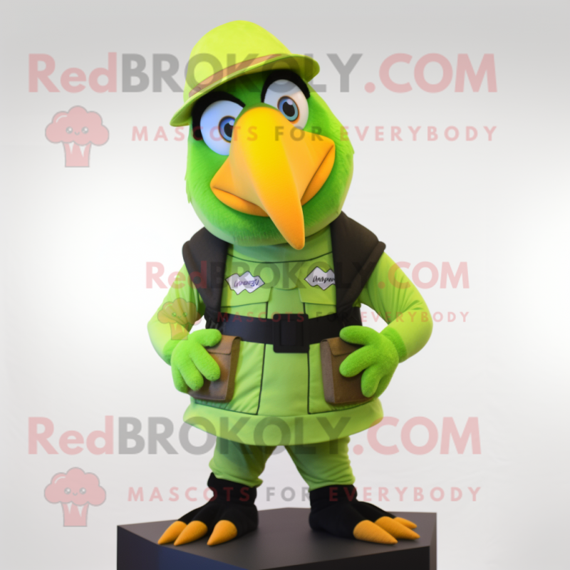 Lime Green Toucan mascot costume character dressed with a Vest and Caps