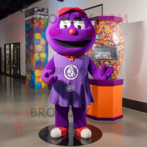 Purple Gumball Machine mascot costume character dressed with a Rash Guard and Shawl pins