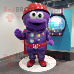 Purple Gumball Machine mascot costume character dressed with a Rash Guard and Shawl pins