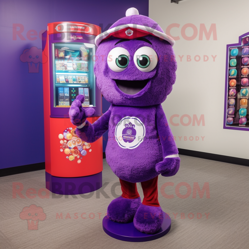 Purple Gumball Machine mascot costume character dressed with a Rash Guard and Shawl pins