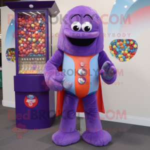 Purple Gumball Machine mascot costume character dressed with a Rash Guard and Shawl pins