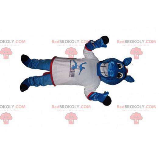 Mascotte de cheval bleu joyeux avec un maillot de supporter -