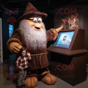 Brown Wizard mascot costume character dressed with a Flannel Shirt and Watches