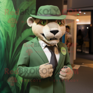 Green Smilodon mascot costume character dressed with a Suit Jacket and Hat pins
