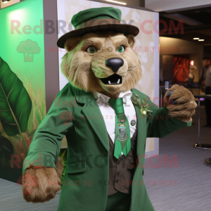 Green Smilodon mascot costume character dressed with a Suit Jacket and Hat pins