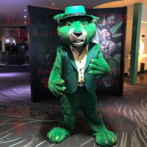 Green Smilodon mascot costume character dressed with a Suit Jacket and Hat pins