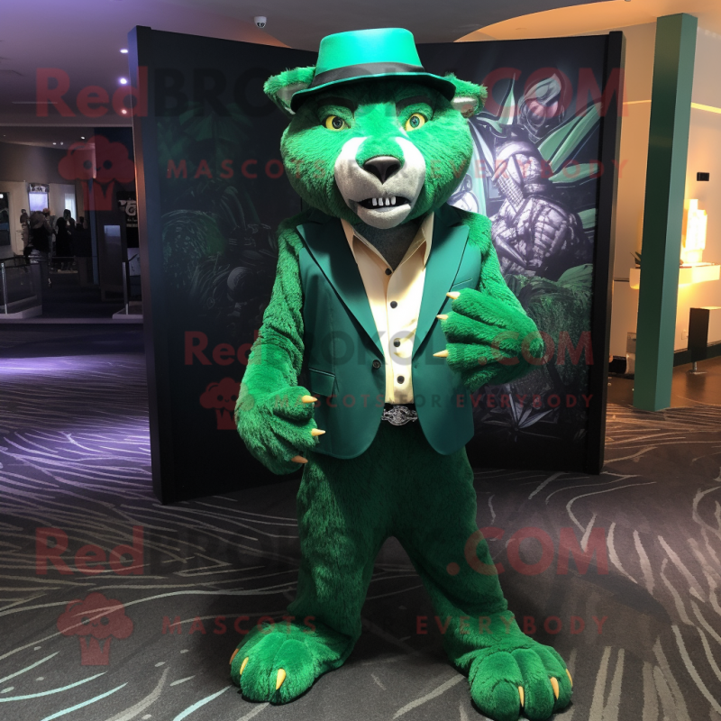 Green Smilodon mascot costume character dressed with a Suit Jacket and Hat pins Green Smilodon mascot costume character dressed with a Suit Jacket and Hat pins