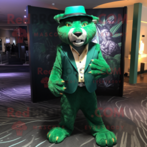 Green Smilodon mascot costume character dressed with a Suit Jacket and Hat pins